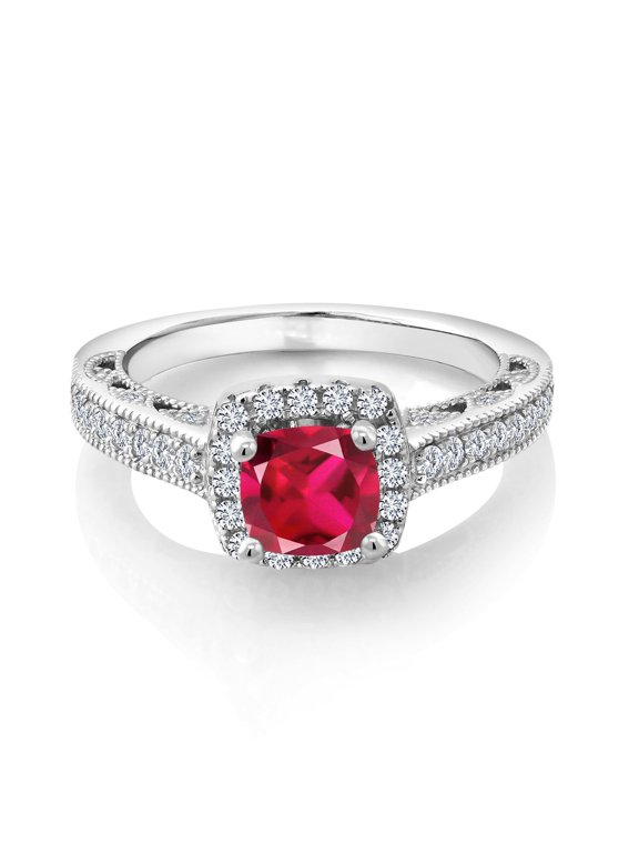 925 Sterling Silver Red Created Ruby and White Created Sapphire Engagement Ring for Women (1.58 Cttw, Cushion 6MM, Available in Size 5, 6, 7, 8, 9)