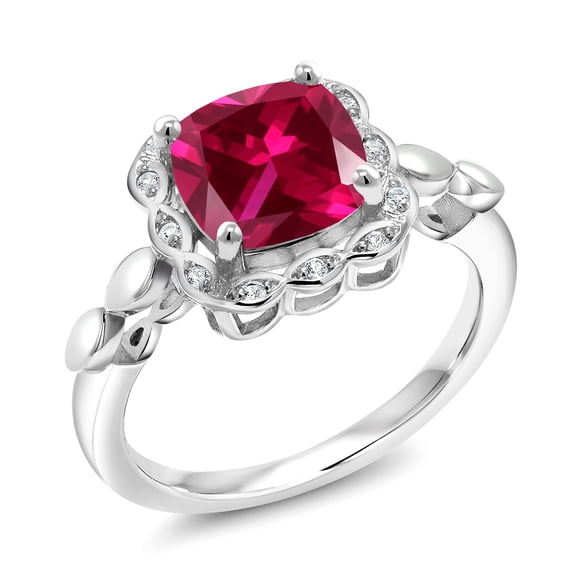 Gem Stone King 925 Sterling Silver Red Created Ruby and White Created Sapphire Engagement Ring for Women | 2.60 Cttw | Cushion 8MM | Gemstone July Birthstone | Size 5