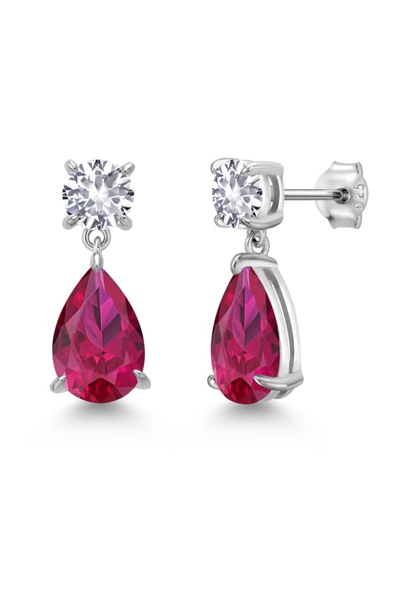 925 Sterling Silver Red Created Ruby and White Created Sapphire Teardrop Dangle Drop Earrings for Women (8.96 Cttw, Gemstone Birthstone, Pear Shape 12x8MM, Round 6MM)