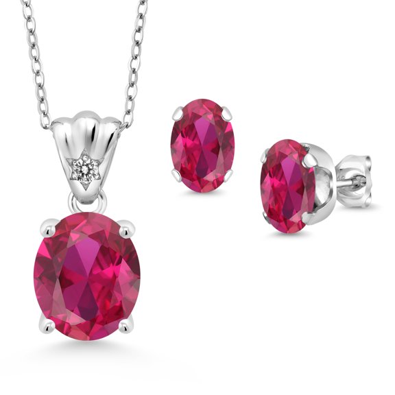 Gem Stone King 925 Sterling Silver Red Created Ruby and White Diamond Pendant and Earrings Jewelry Set for Women (6.73 Cttw, Gemstone Birthstone, Oval 11X9MM and 8X6MM with 18 inch Silver Chain)