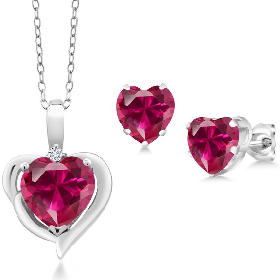 Gem Stone King 925 Sterling Silver Red Created Ruby and White Diamond Pendant Necklace Earrings Set for Women (3.64 Cttw, Heart Shape 8MM and 6MM, with 18 inch Chain)