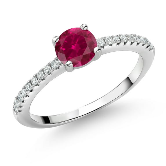 Gem Stone King 925 Sterling Silver Red Created Ruby and White Lab Grown Diamond Engagement Wedding Anniversary Ring for Women (0.69 Cttw, Round 5MM, Available in Size 5, 6, 7, 8, 9)