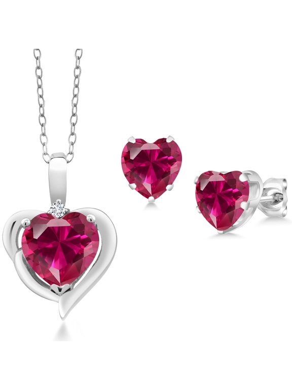 925 Sterling Silver Red Created Ruby and White Lab Grown Diamond Pendant Necklace Earrings Set for Women (3.64 Cttw, Heart Shape 8MM and 6MM, with 18 inch Chain)