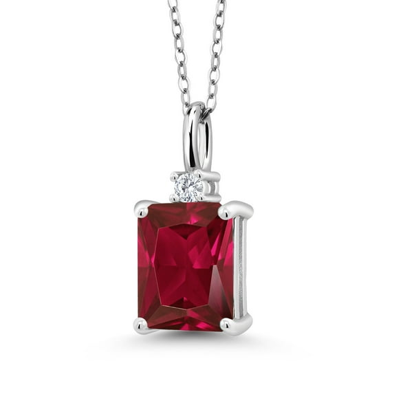 Gem Stone King 925 Sterling Silver Red Created Ruby and White Lab Grown Diamond Pendant Necklace for Women | 2.84 Cttw | Gemstone July Birthstone | Emerald Cut 9X7MM | With 18 inch Silver Chain