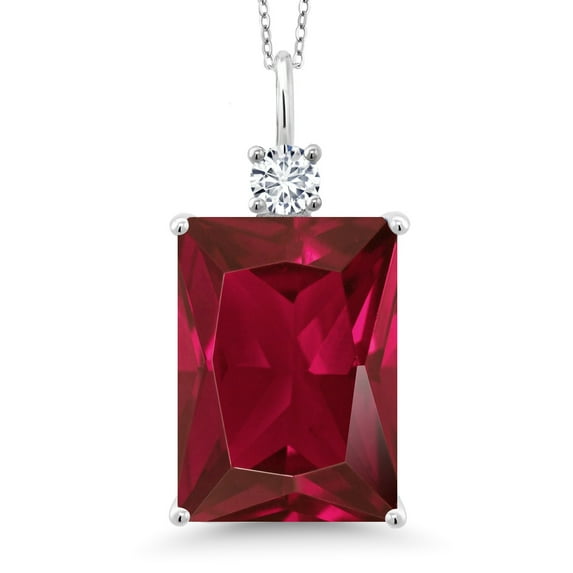 Gem Stone King 925 Sterling Silver Red Created Ruby and White Lab Grown Diamond Pendant Necklace for Women (20.27 Cttw, Emerald Cut 18X13MM, With 18 inch Silver Chain)