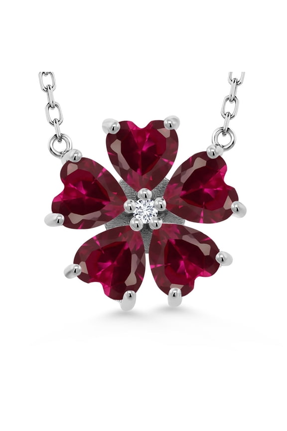 925 Sterling Silver Red Created Ruby and White Lab Grown Diamond Pendant Necklace for Women (4.84 Cttw, Heart Shape 6MM, with 18 inch Chain)