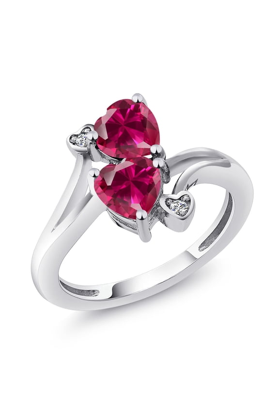 925 Sterling Silver Red Created Ruby and White Lab Grown Diamond Ring for Women (1.95 Cttw, Heart Shape 6MM, Gemstone July Birthstone, Available in Size 5, 6, 7, 8, 9)