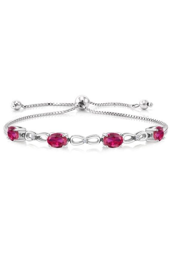 925 Sterling Silver Red Created Ruby and White Lab Grown Diamond Tennis Bracelet for Women (4.02 Cttw, Oval 7X5MM, Fully Adjustable up to 9 inch)