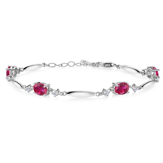 Gem Stone King 925 Sterling Silver Red Created Ruby and White Lab Grown Diamond Tennis Bracelet for Women | 4.30 Cttw | Gemstone July Birthstone | Oval 7X5MM | 6 inch + 1 inch Extender