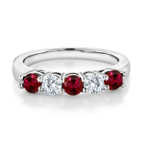 Gem Stone King 1.07 Cttw Red Created Ruby and White Moissanite 5-Stone Wedding Anniversary Band Ring for Women | 925 Sterling Silver | Wedding Engagement Anniversary Promise Ring for Women | Size 7