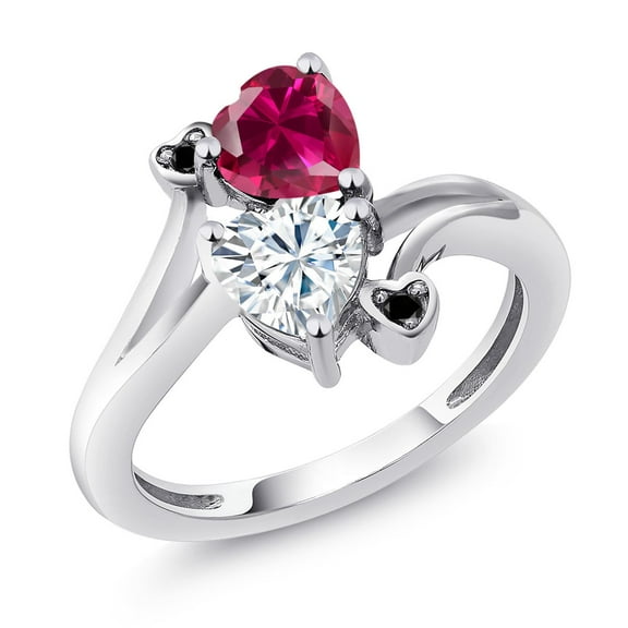 Gem Stone King 925 Sterling Silver Red Created Ruby White Moissanite and Black Diamond Ring for Women (1.80 Cttw, Heart Shape 6MM, Gemstone July Birthstone, Size 9)