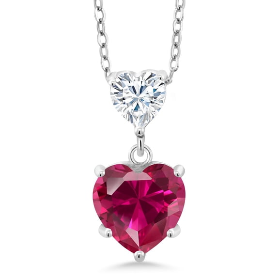 Gem Stone King 925 Sterling Silver Red Created Ruby and White Moissanite Double Heart Pendant Necklace for Women (2.12 Cttw, Heart 8MM and 5MM, with 18 inch Silver Chain)