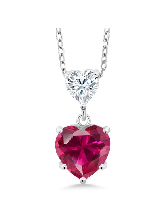 925 Sterling Silver Red Created Ruby and White Moissanite Double Heart Pendant Necklace for Women (2.12 Cttw, Heart 8MM and 5MM, with 18 inch Silver Chain)