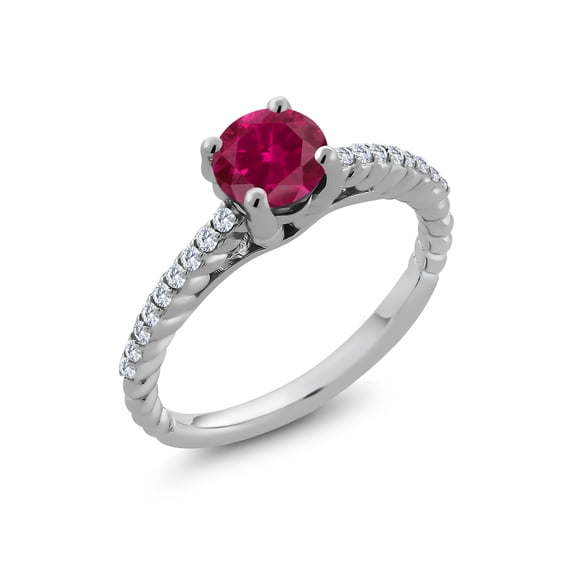 Gem Stone King 925 Sterling Silver Red Created Ruby and White Moissanite Engagement Ring for Women (1.73 Cttw, Round 7MM, Available in Size 5, 6, 7, 8, 9)