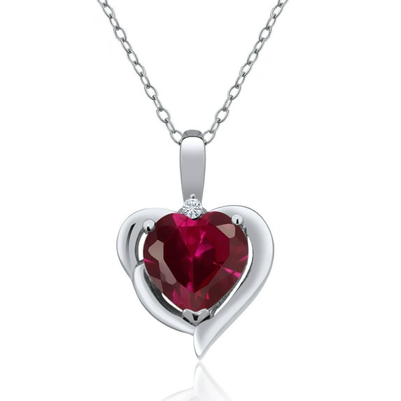 Gem Stone King 925 Sterling Silver Red Created Ruby and White Moissanite Heart Shape Pendant Necklace for Women (1.72 Cttw, Heart 8MM, Gemstone July Birthstone, with 18 inch Chain)