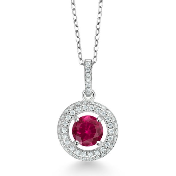 Gem Stone King 925 Sterling Silver Red Created Ruby and White Moissanite Pendant Necklace for Women (1.25 Cttw, July Birthstone, Round 6MM, 18" Silver Chain)