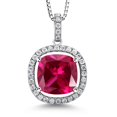 thumbnail image 1 of Gem Stone King 925 Sterling Silver Red Created Ruby and White Moissanite Pendant Necklace for Women (8.66 Cttw, Cushion 12MM, with 18 inch Silver Chain), 1 of 6