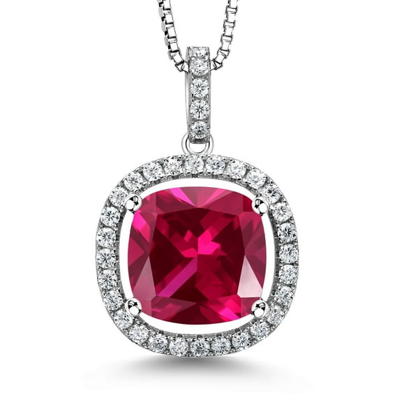 Gem Stone King 925 Sterling Silver Red Created Ruby and White Moissanite Pendant Necklace for Women (8.66 Cttw, Cushion 12MM, with 18 inch Silver Chain)