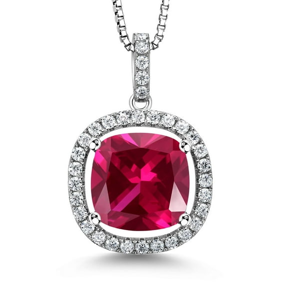 Gem Stone King 925 Sterling Silver Red Created Ruby and White Moissanite Pendant Necklace for Women (8.66 Cttw, Cushion 12MM, with 18 inch Silver Chain)