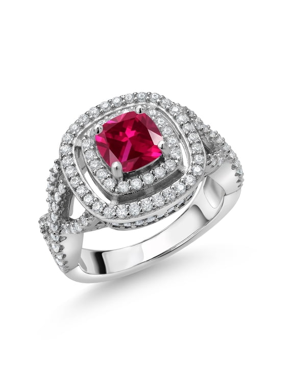 925 Sterling Silver Red Created Ruby and White Moissanite Ring for Women (1.91 Cttw, Gemstone Birthstone, Cushion Cut 6MM, Size 7)