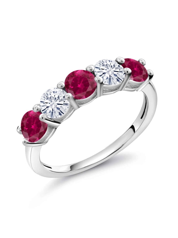 925 Sterling Silver Red Created Ruby and White Moissanite Wedding Band Ring for Women (1.07 Cttw, Round 3.5MM, Gemstone July Birthstone, Size 6)