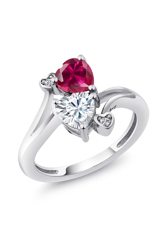 925 Sterling Silver Red Created Ruby White Moissanite and White Lab Grown Diamond Ring for Women (1.79 Cttw, Heart Shape 6MM, Gemstone July Birthstone, Size 9)