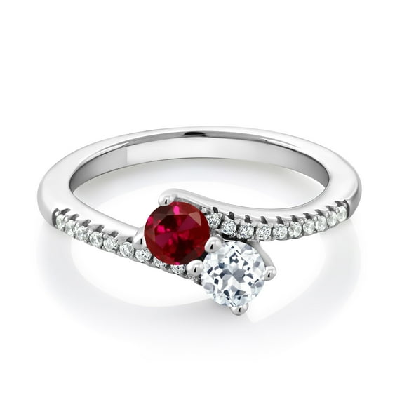 Gem Stone King 925 Sterling Silver Red Created Ruby and White Topaz Bypass Ring for Women (0.82 Cttw, Gemstone July Birthstone, Round 4MM, Available in Size 5, 6, 7, 8, 9)