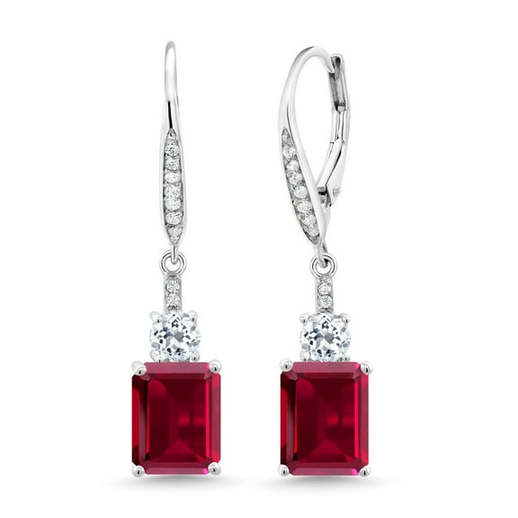 Gem Stone King 925 Sterling Silver Red Created Ruby and White Topaz Dangle Earrings for Women (6.26 Cttw, Gemstone July Birthstone, Emerald Cut 9X7MM)