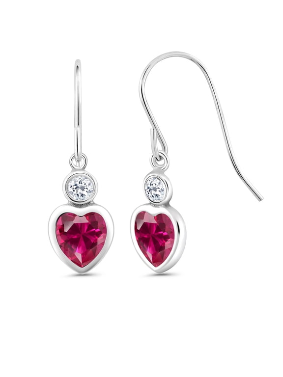 925 Sterling Silver Red Created Ruby and White Topaz French Wire Dangle Hook Earrings for Women (2.20 Cttw, Gemstone July Birthstone, Heart Shape 6MM)