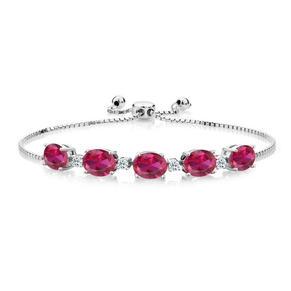 Gem Stone King 925 Sterling Silver Red Created Ruby and White Topaz Tennis Bracelet for Women (7.84 Cttw, Oval 8X6MM, Gemstone Birthstone, Fully Adjustable up to 9 inch)