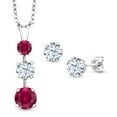 thumbnail image 1 of Gem Stone King 925 Sterling Silver Red Created Ruby and White Zirconia Pendant and Earrings Jewelry Set for Women (3.50 Cttw, Gemstone July Birthstone, with 18 inch Chain), 1 of 3