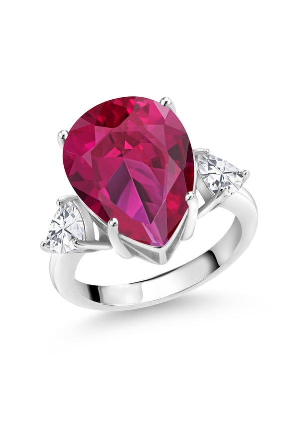 11.16 Cttw Red Created Ruby and White Zirconia Ring for Women | Gemstone July Birthstone | Pear Shape 16X12MM (Size 5)