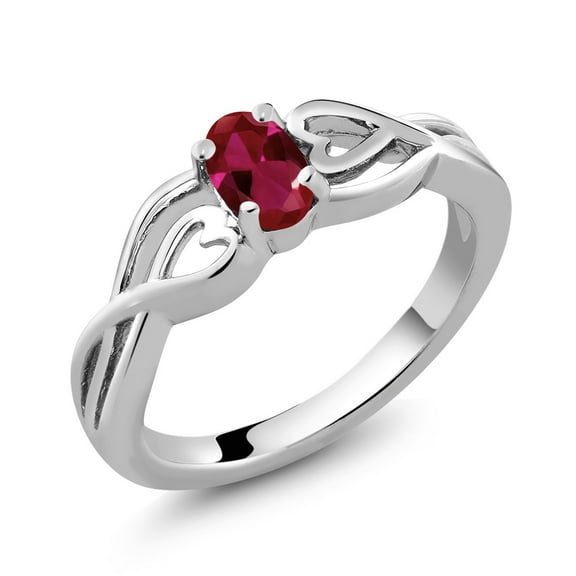 Gem Stone King 925 Sterling Silver Red Created Ruby Women Engagement Ring (0.50 Ct Oval, Available 5,6,7,8,9)