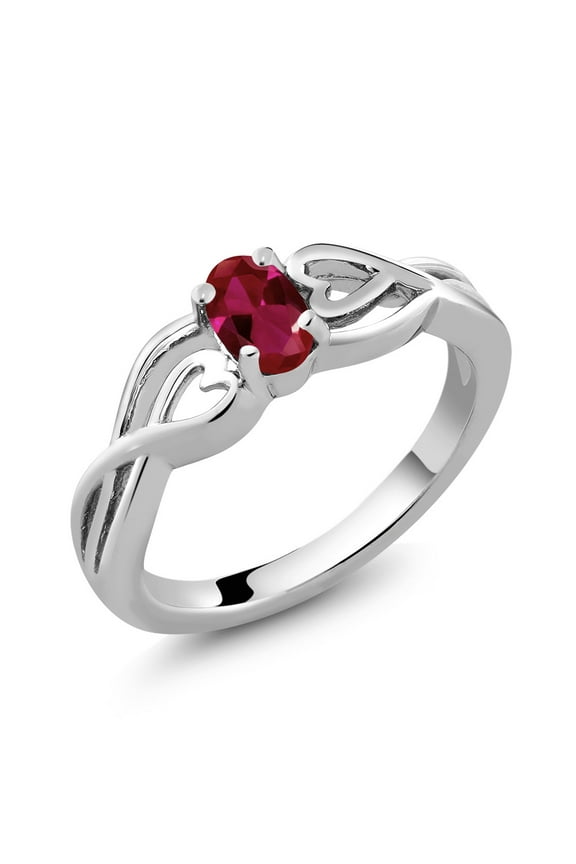 925 Sterling Silver Red Created Ruby Women Engagement Ring (0.50 Ct Oval, Available 5,6,7,8,9)