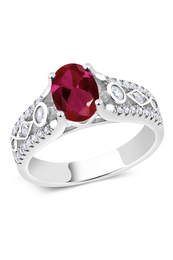 925 Sterling Silver Red Created Ruby Women's Engagement Ring (1.71 Cttw, Center 8X6MM Gemstone Birthstone, Available in Size 5, 6, 7, 8, 9)