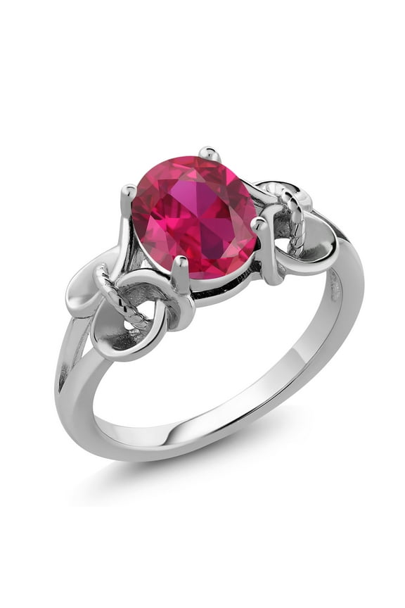 925 Sterling Silver Red Created Ruby Ring for Women (2.00 Cttw, 9X7MM Oval, Available in Size 5,6,7,8,9)