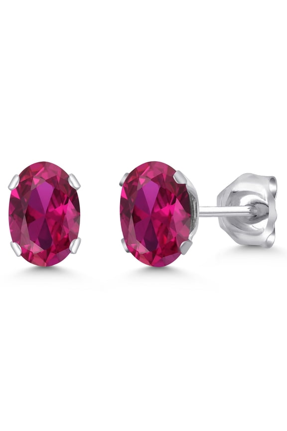 925 Sterling Silver Red Created Ruby Women's Stud Earrings (1.00 Ct Oval 6X4MM)