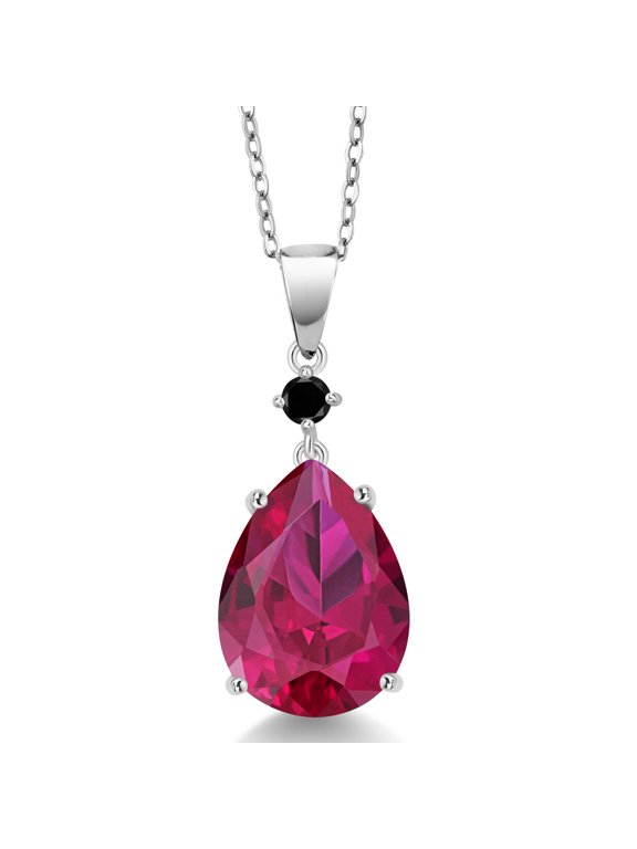925 Sterling Silver Red Created Ruby and Black Diamond Pendant for Women (9.72 Cttw, Gemstone July Birthstone, Pear Shape 16X12MM)