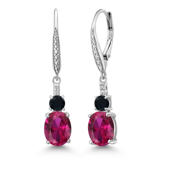 Gem Stone King 925 Sterling Silver Red Created Ruby and Black Onyx Dangle Earrings for Women with Lab Grown Diamond (4.47 Cttw, Oval 9X7MM)