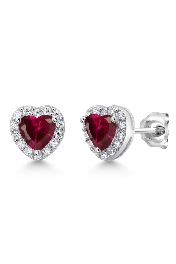 925 Sterling Silver Red Created Ruby and Moissanite Stud Earrings for Women (1.42 Cttw, Gemstone Birthstone, Heart Shape 5MM)