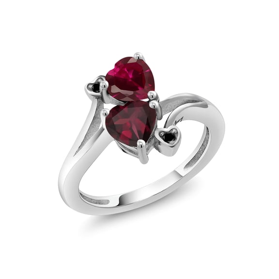 Gem Stone King 925 Sterling Silver Red Created Ruby Red Rhodolite Garnet and Black Diamond Ring for Women (1.72 Cttw, Heart Shape 6MM, Gemstone July Birthstone, Available in Size 5, 6, 7, 8, 9)