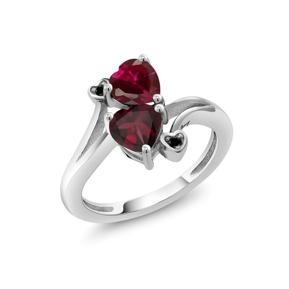 Gem Stone King 925 Sterling Silver Red Created Ruby Red Rhodolite Garnet and Black Diamond Ring for Women (1.72 Cttw, Heart Shape 6MM, Gemstone July Birthstone, Available in Size 5, 6, 7, 8, 9)