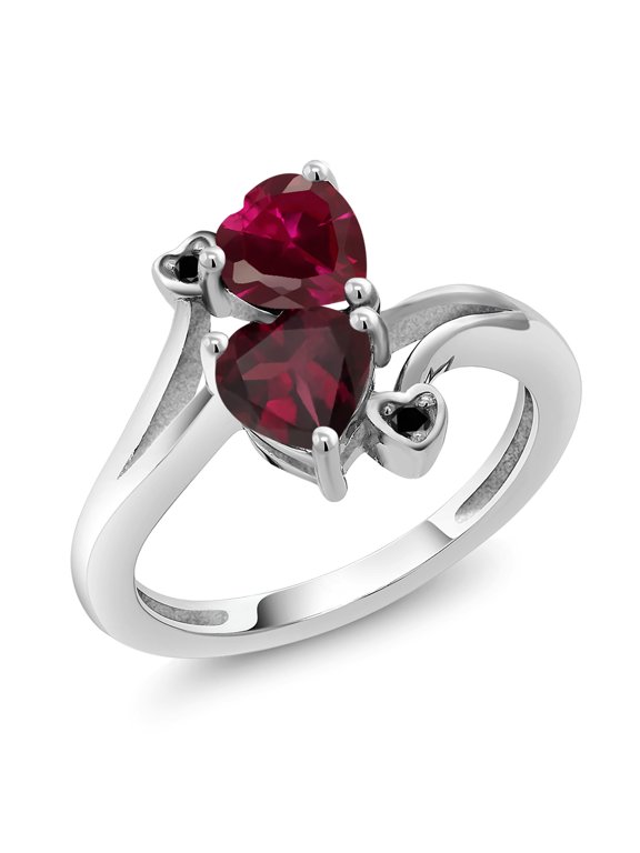 925 Sterling Silver Red Created Ruby Red Rhodolite Garnet and Black Diamond Ring for Women (1.72 Cttw, Heart Shape 6MM, Gemstone July Birthstone, Available in Size 5, 6, 7, 8, 9)