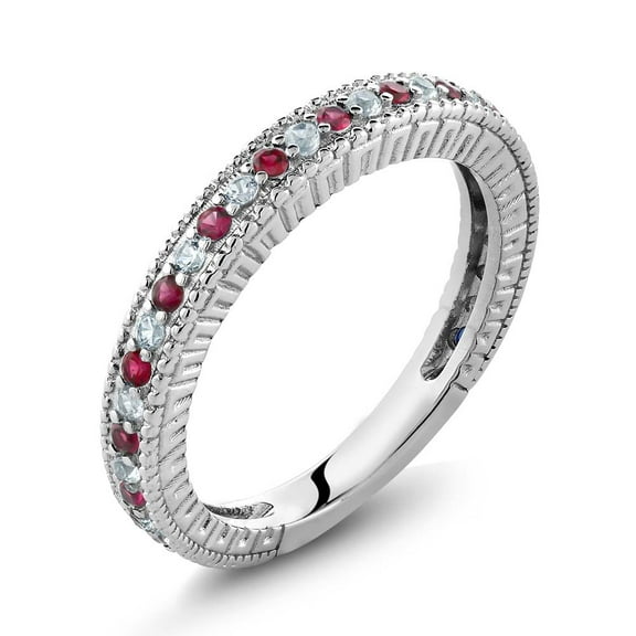 Gem Stone King 925 Sterling Silver Red Created Ruby and White Created Sapphire Wedding Band Ring for Women | 0.48 Cttw | Wedding Engagement Anniversary Promise Ring for Women | Size 5