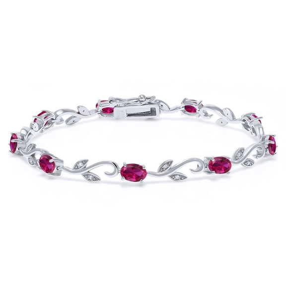 Gem Stone King 4.63 Cttw Red Created Ruby and White Diamond Greek Vine Tennis Bracelet for Women | 925 Sterling Silver | Oval 6X4MM | 7 inch | Fine Jewelry Gifts for Women Mom Wife Her