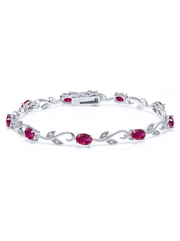 4.63 Cttw Red Created Ruby and White Diamond Greek Vine Tennis Bracelet for Women | 925 Sterling Silver | Oval 6X4MM | 7 inch | Fine Jewelry Gifts for Women Mom Wife Her