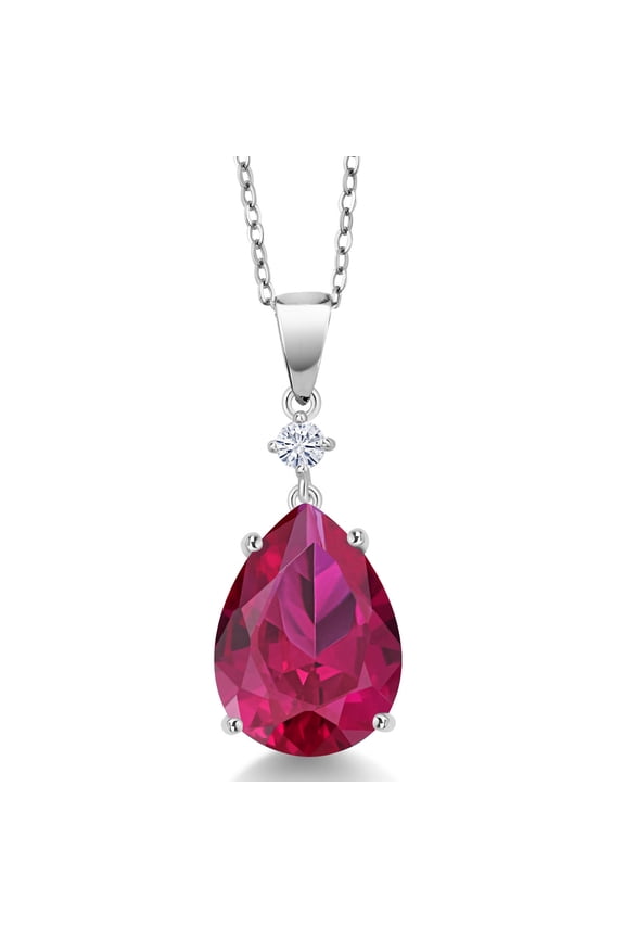 925 Sterling Silver Red Created Ruby and White Moissanite Pendant for Women (9.72 Cttw, Gemstone July Birthstone, Pear Shape 16X12MM)