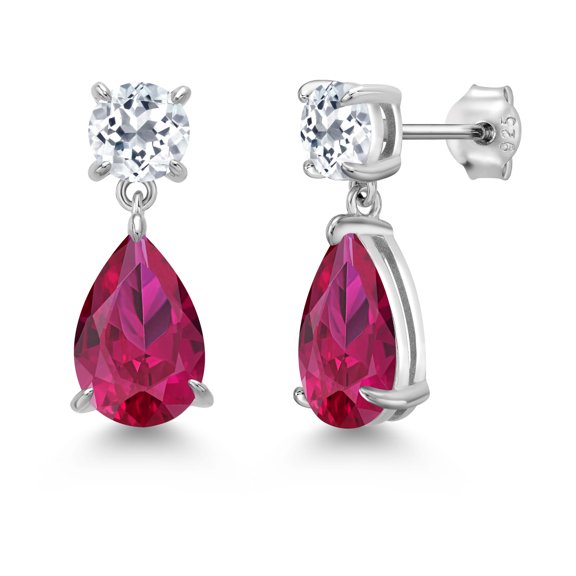 Gem Stone King 925 Sterling Silver Red Created Ruby and White Topaz Earrings for Women | 8.76 Cttw | Gemstone July Birthstone | Pear Shape 12X8MM
