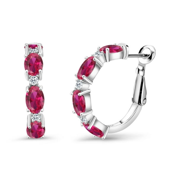 Gem Stone King 925 Sterling Silver Red Created Ruby and White Topaz Hoop Earrings for Women (4.24 Ct Oval 6X4MM)