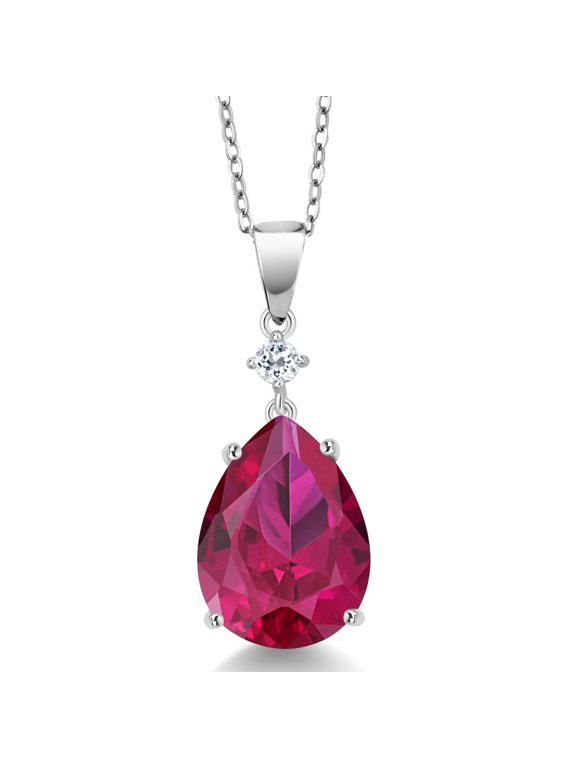 925 Sterling Silver Red Created Ruby and White Topaz Pendant for Women (9.76 Cttw, Gemstone July Birthstone, Pear Shape 16X12MM)